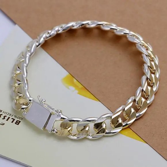 Heavy 2 Tone, 10mm Wide Cuban Miami Link Bracelet ,Stamped 925 Sterling Silver - Picture 5 of 7